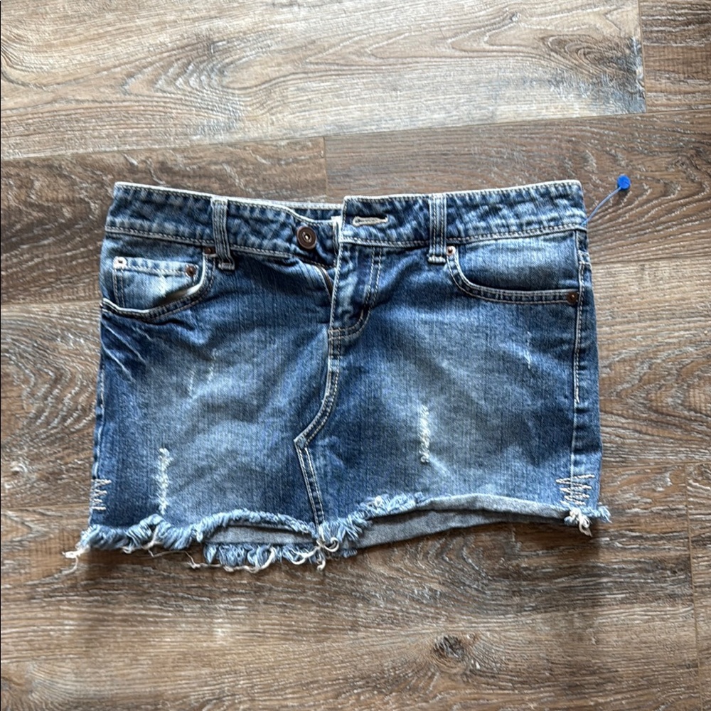 Medium Wash Distressed Jean mini skirt with Frayed Hem